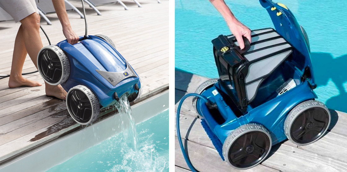 Робот пылесос для бассейна извлекают из воды и открывают его контейнер.